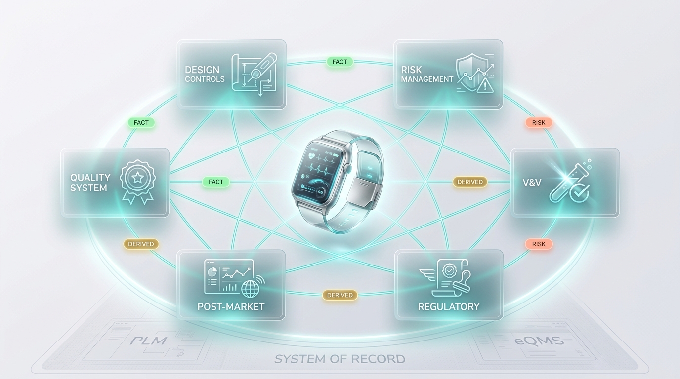 Governed intelligence fabric connecting design controls, risk, V&V, and regulatory across the device lifecycle