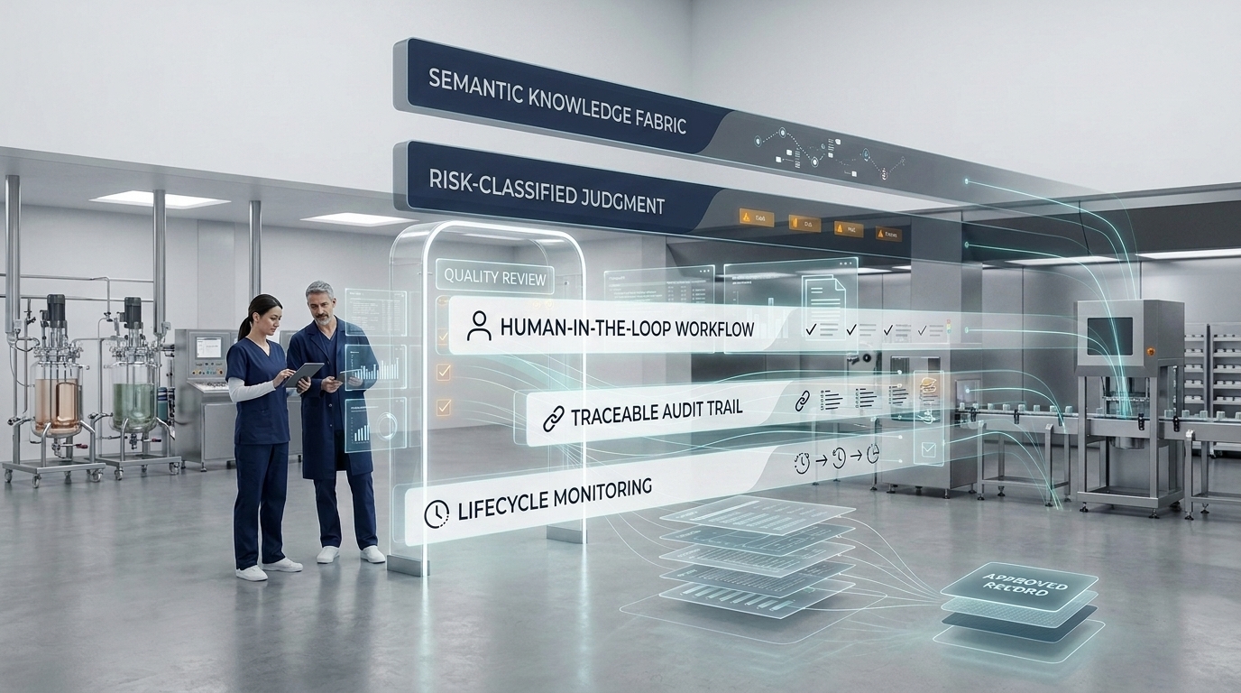 Governed AI adoption architecture for regulated pharmaceutical manufacturing — semantic grounding, human review, provenance, and audit trails.