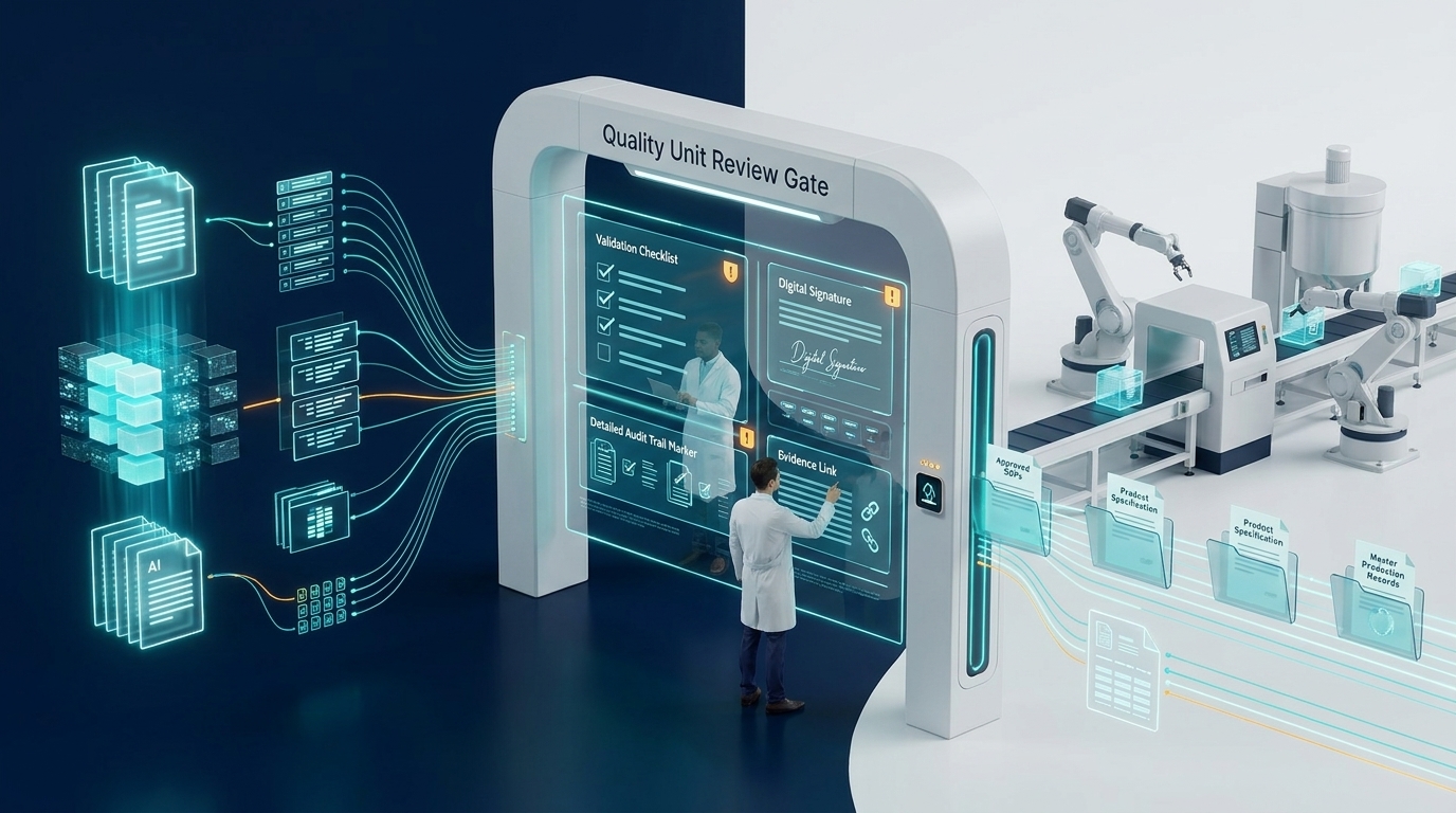 AI-generated manufacturing records passing through Quality Unit review and audit controls in a pharmaceutical production environment.