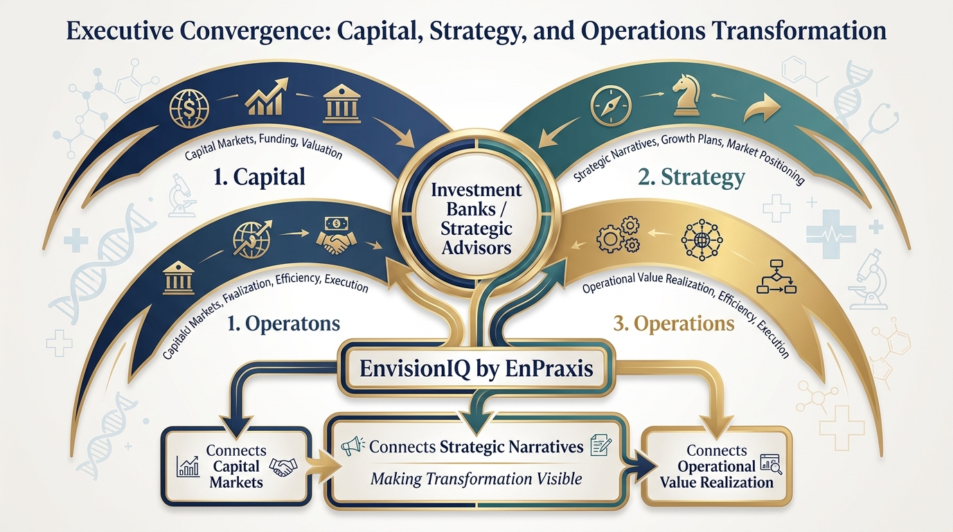 Three converging arcs — capital, strategy, and operations — meeting at investment banks and strategic advisors, with EnvisionIQ by EnPraxis making transformation visible