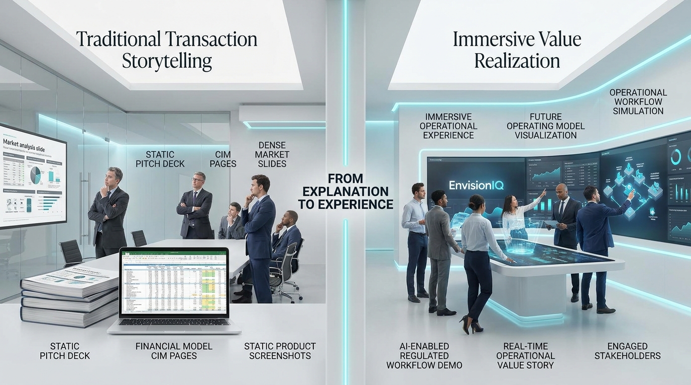 Split-screen comparison of traditional transaction storytelling versus immersive value realization — from explanation to experience